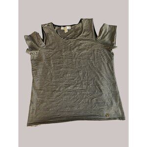 Michael Kors Black & Tan Striped Cold Shoulder Top Size L